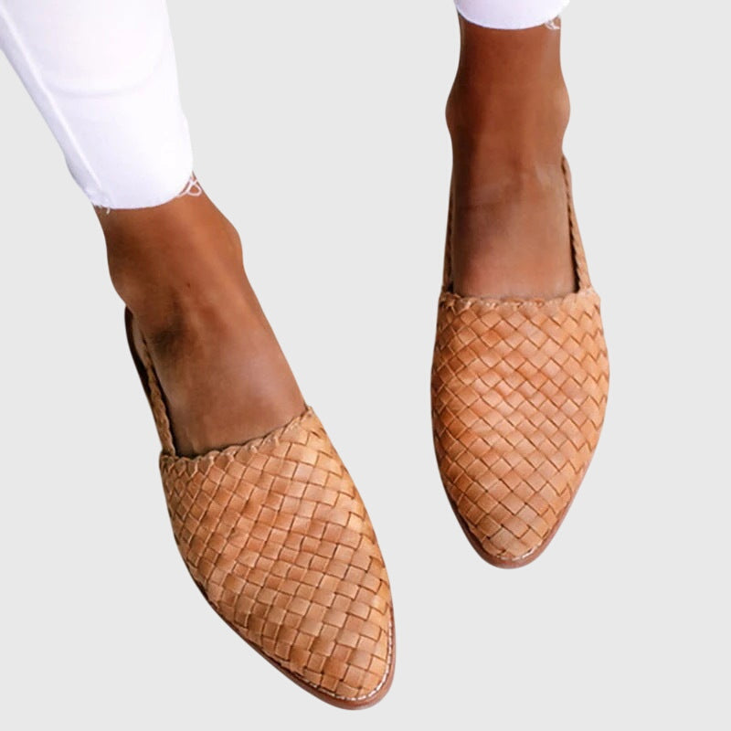 Women's woven slingback flats with adjustable buckle strap, pointed toe, orthopaedic summer flat shoes