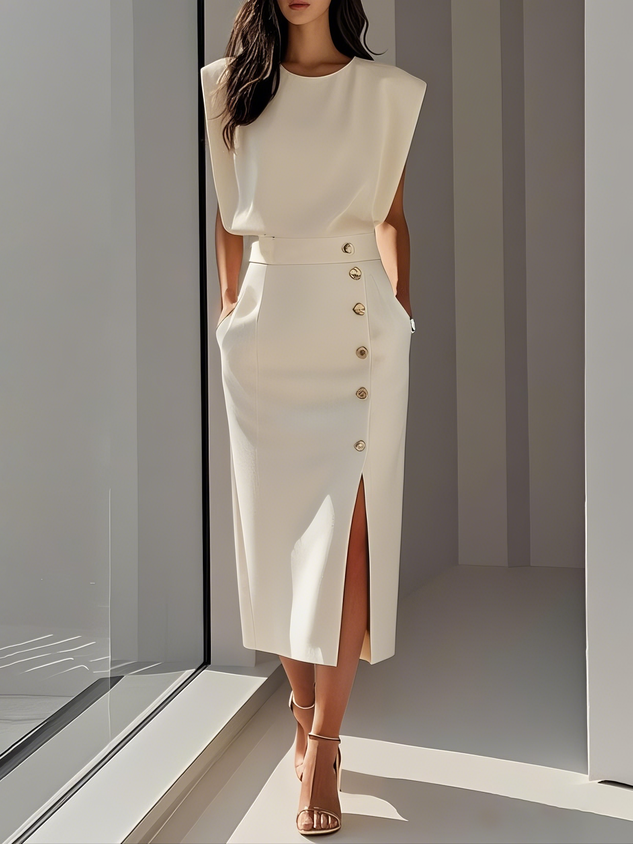 Women's structured midi dress with round neckline and button slit detail