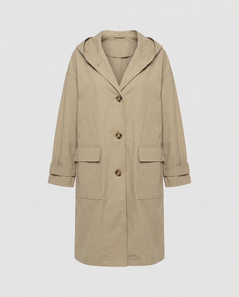 Women hooded water repellent trench coat maxi length in beige