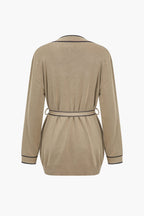 Women 2 piece knit cardigan wide leg pants set with gold buttons and waist belt