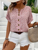 Women floral button-up blouse loose fit short sleeve casual top