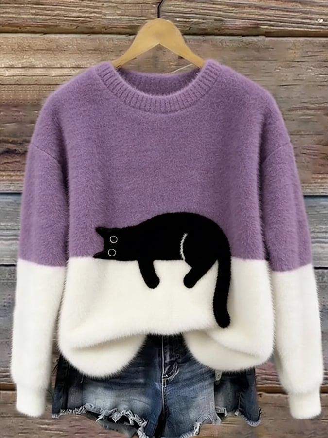 Women knit jumper colour block with black cat motif relaxed fit