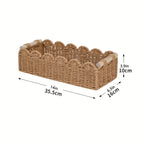 Boho woven storage basket with fan edge, natural fibre, rectangular, 35.5x16x10cm