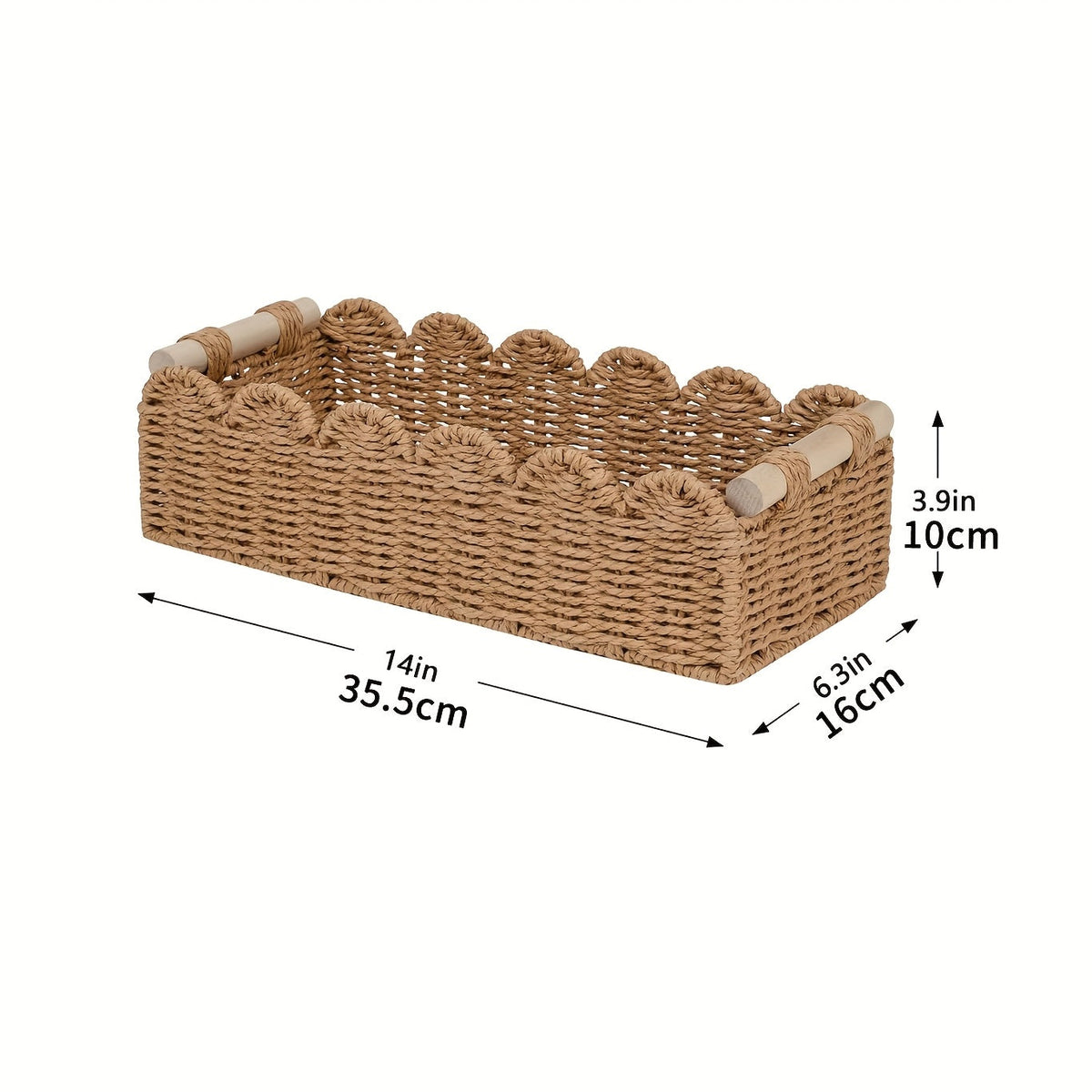 Boho woven storage basket with fan edge, natural fibre, rectangular, 35.5x16x10cm