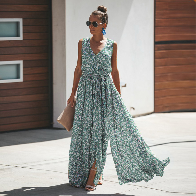 Floral maxi dress sleeveless with high slit and tie waist, summer holiday dress
