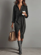 Women corduroy midi dress relaxed fit with long sleeves and button front