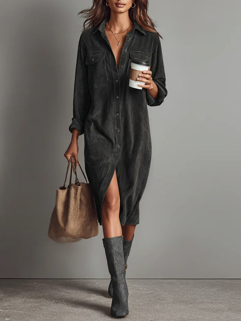 Women corduroy midi dress relaxed fit with long sleeves and button front