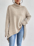 Women knit sweater high neck asymmetric hem relaxed fit