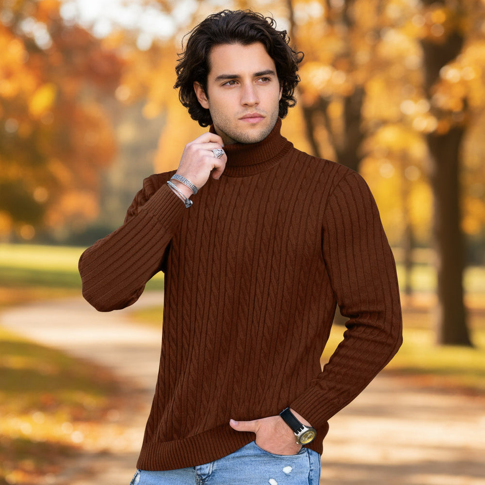 Elegant Men's Turtleneck Sweater - Exquisite Braided Pattern
