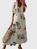 Boho summer dress with V-neckline, vintage bohemian style, lightweight and breezy