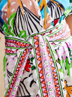 Women's midi dress tropical print, lapel neckline, adjustable waist tie, summer