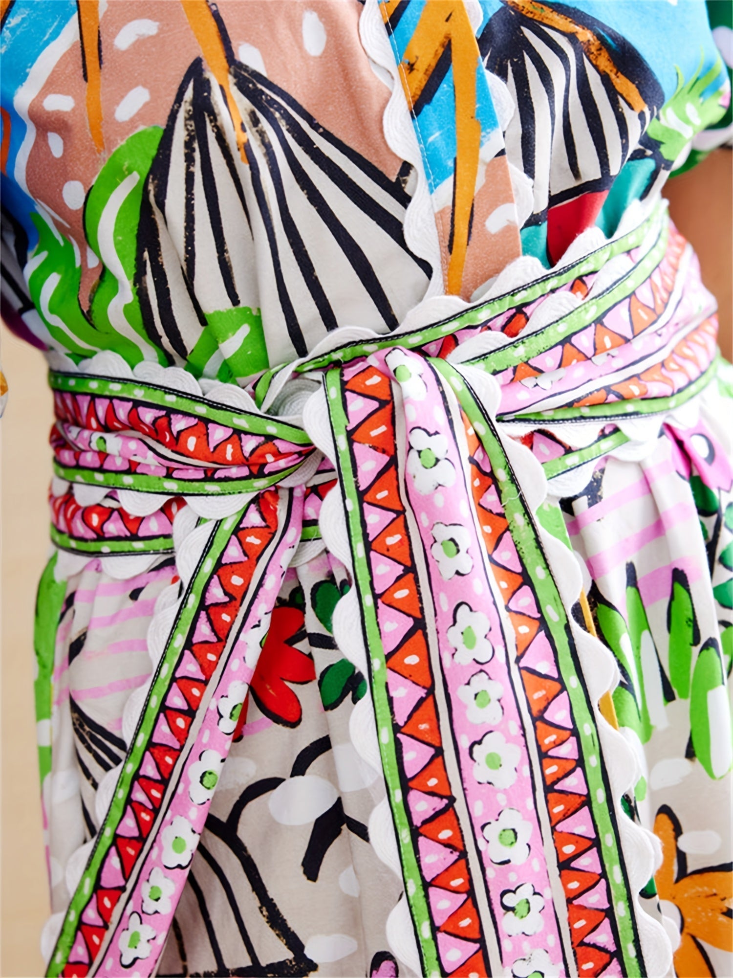 Women's midi dress tropical print, lapel neckline, adjustable waist tie, summer