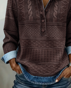 Women half button collar sweatshirt with textured knit panels and denim-effect cuffs