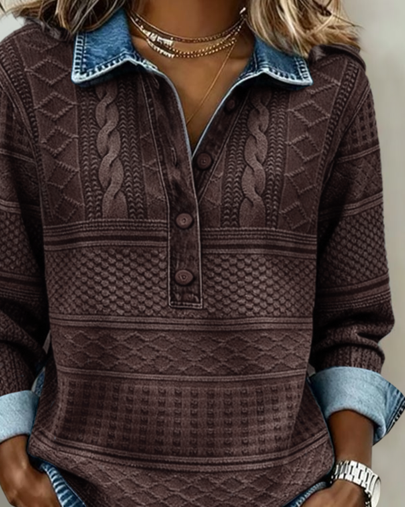 Women half button collar sweatshirt with textured knit panels and denim-effect cuffs
