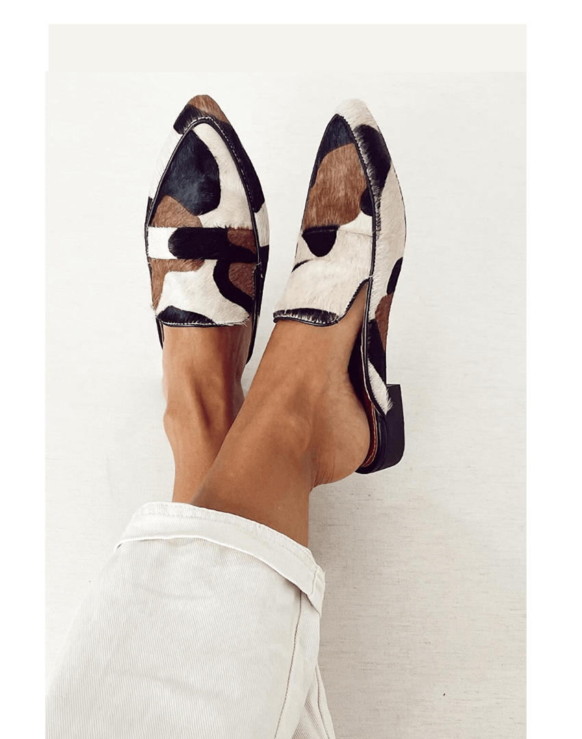 Women patterned slip-on loafers open back black and white print