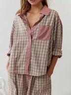 Women's two-piece soft cotton stretch pajama set in pink and blue, relaxed lounge fit