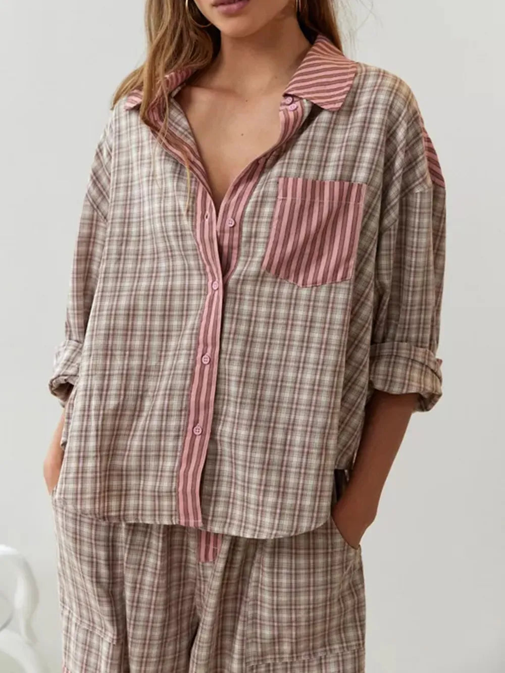 Women's two-piece soft cotton stretch pajama set in pink and blue, relaxed lounge fit