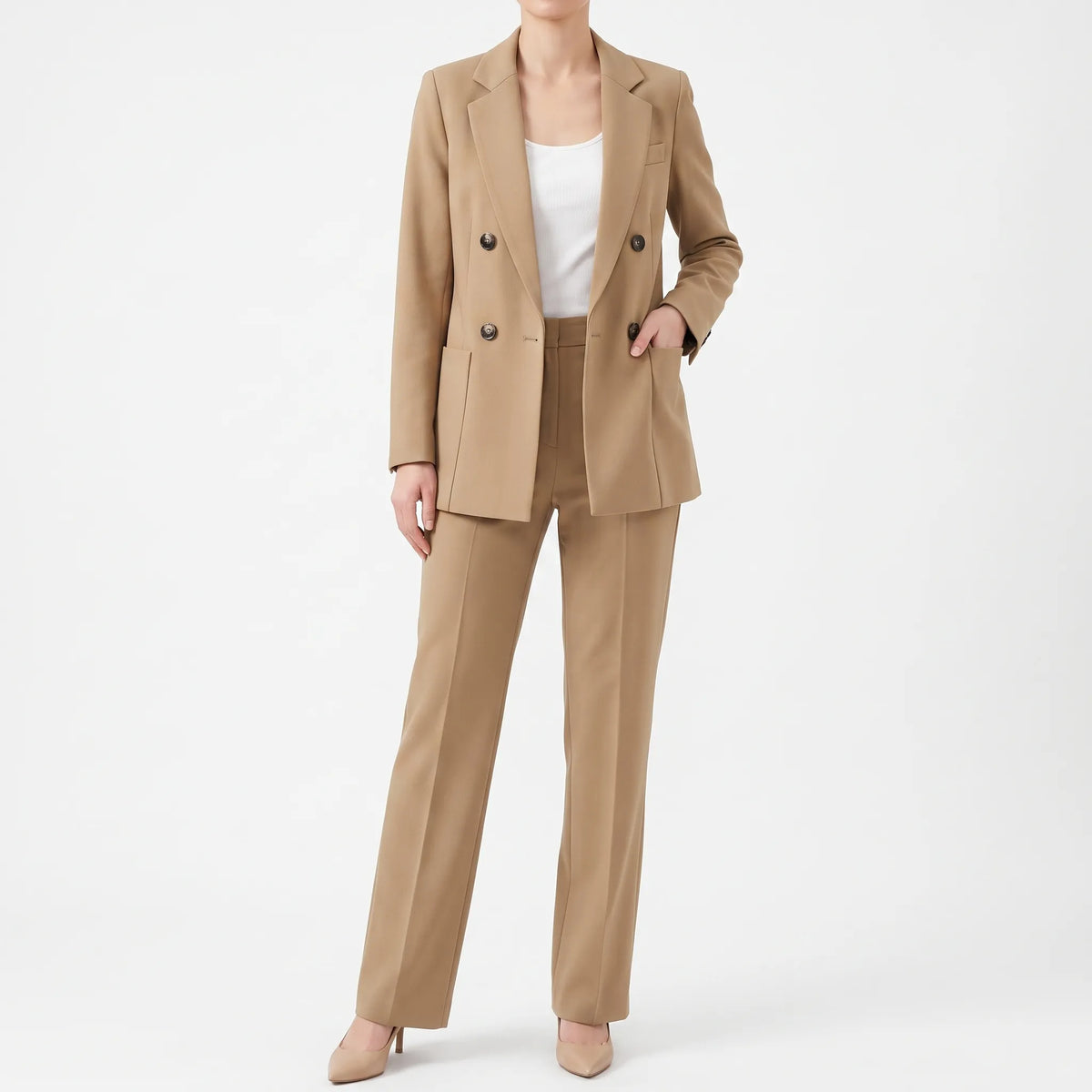 Women 2 piece suit set slim fit double breasted blazer and trousers