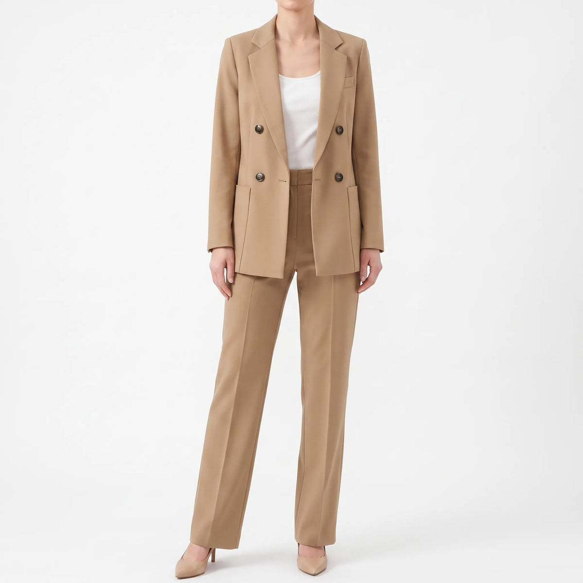 Women 2 piece suit set slim fit double breasted blazer and trousers