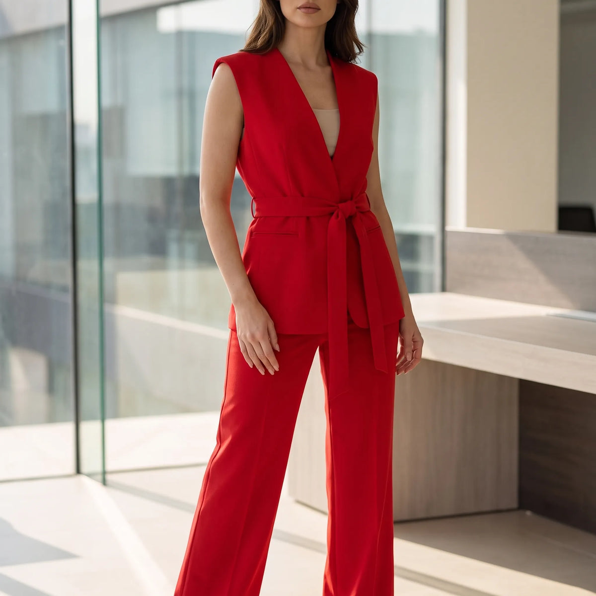 Women 2 piece pantsuit straight leg with wrap V-neck top and fabric tie belt