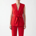 Women 2 piece pantsuit straight leg with wrap V-neck top and fabric tie belt