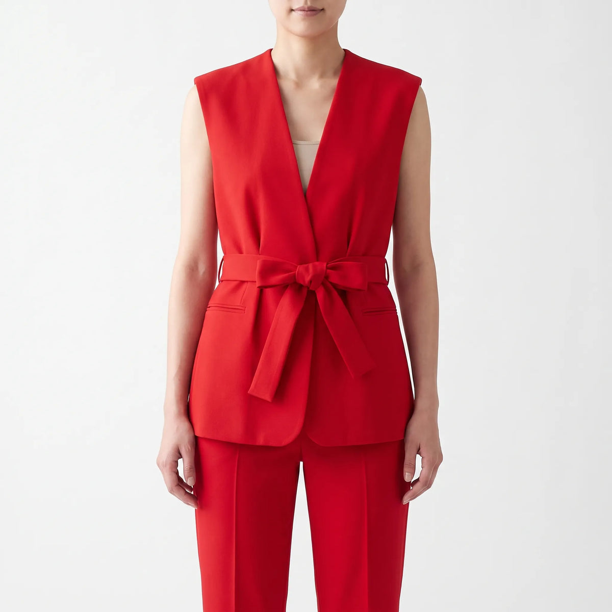 Women 2 piece pantsuit straight leg with wrap V-neck top and fabric tie belt