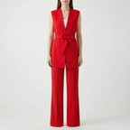 Women 2 piece pantsuit straight leg with wrap V-neck top and fabric tie belt
