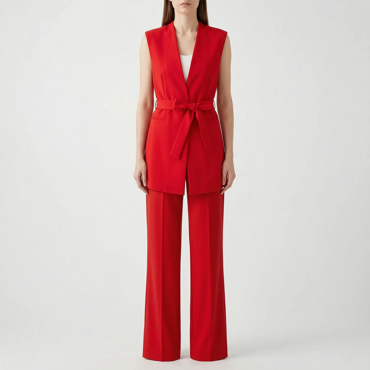 Women 2 piece pantsuit straight leg with wrap V-neck top and fabric tie belt