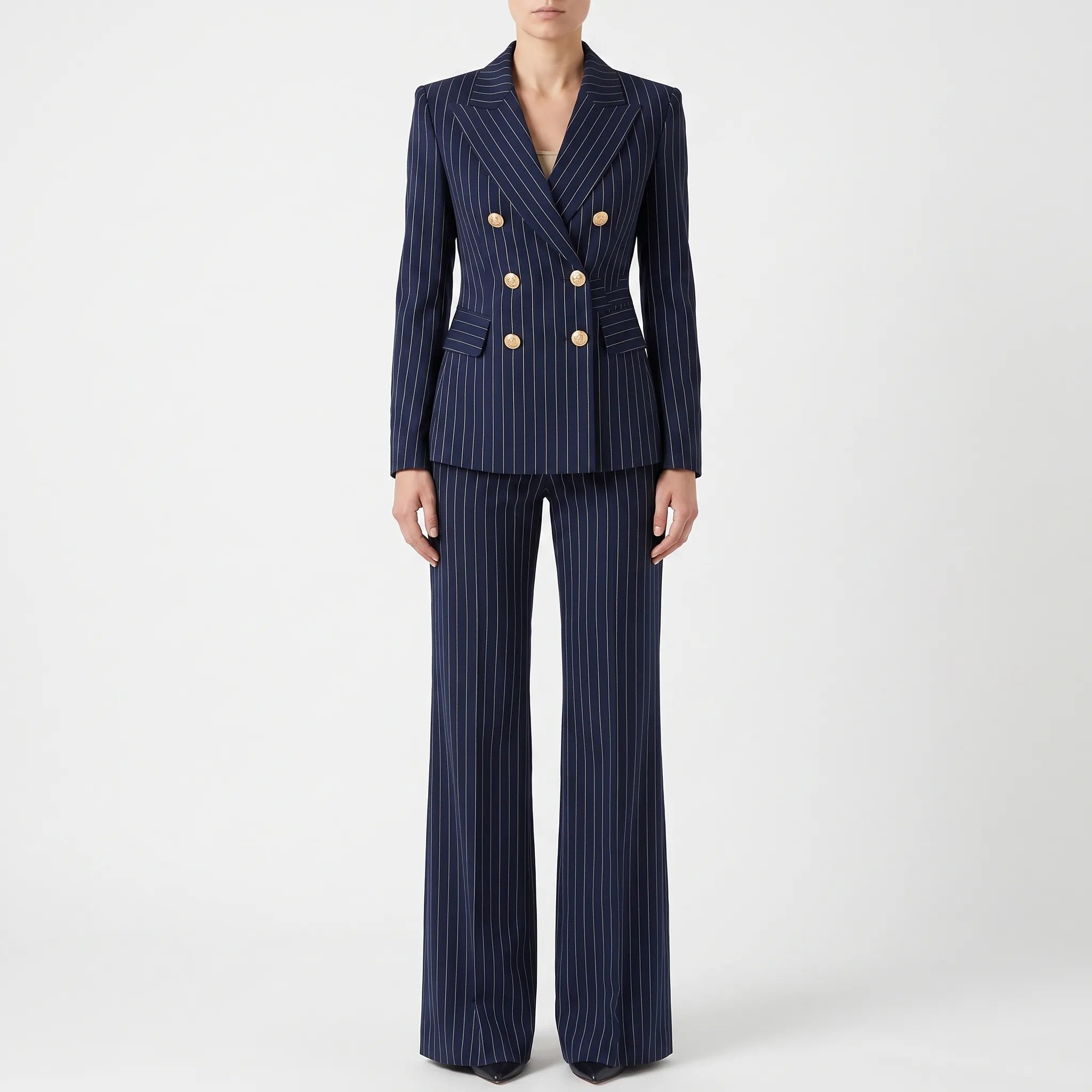 Women 2 piece suit wide leg striped blazer and trousers set