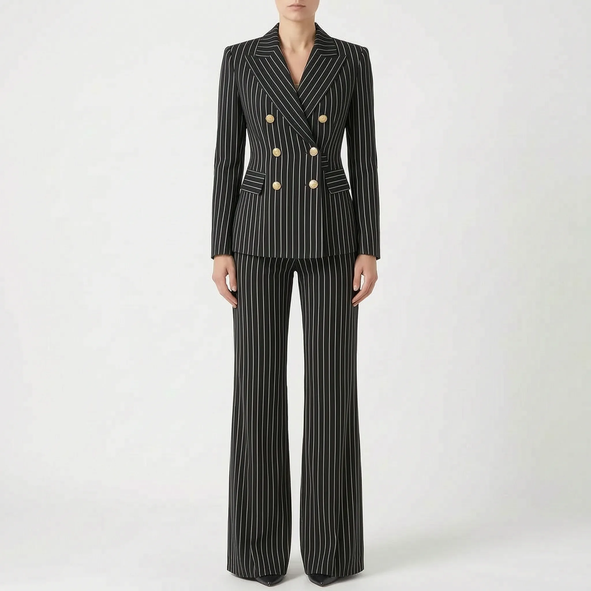 Women 2 piece suit wide leg striped blazer and trousers set