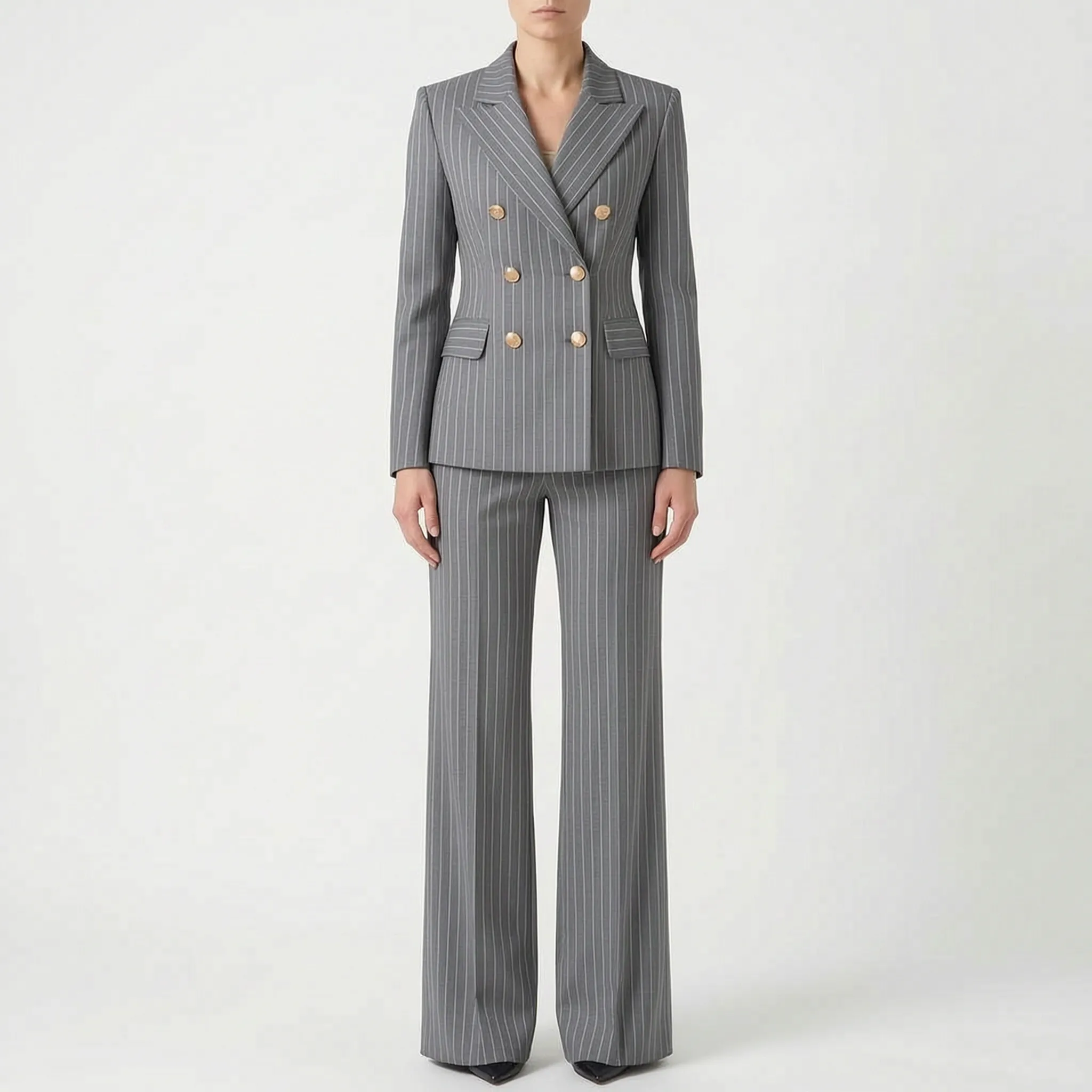 Women 2 piece suit wide leg striped blazer and trousers set