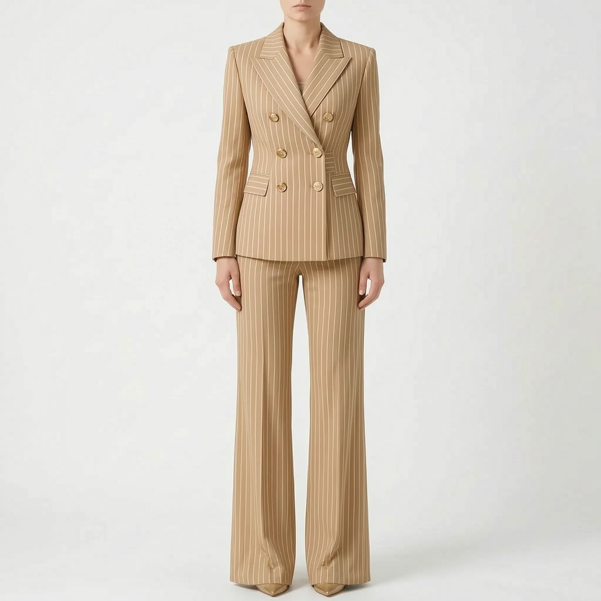 Women 2 piece suit wide leg striped blazer and trousers set