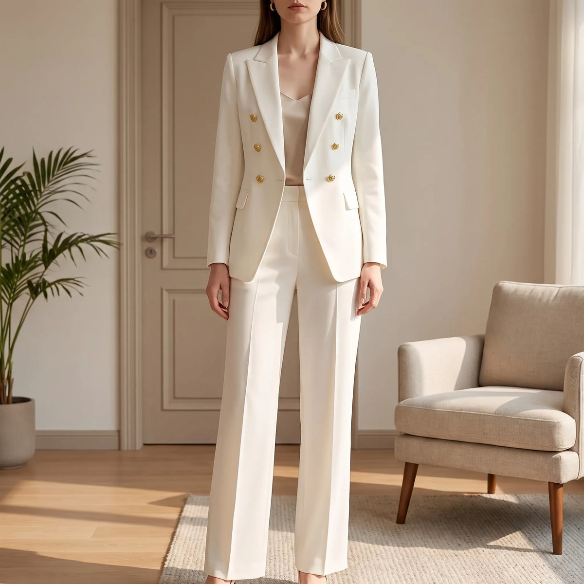 Women 2 piece suit blazer and pants set tailored double button closure
