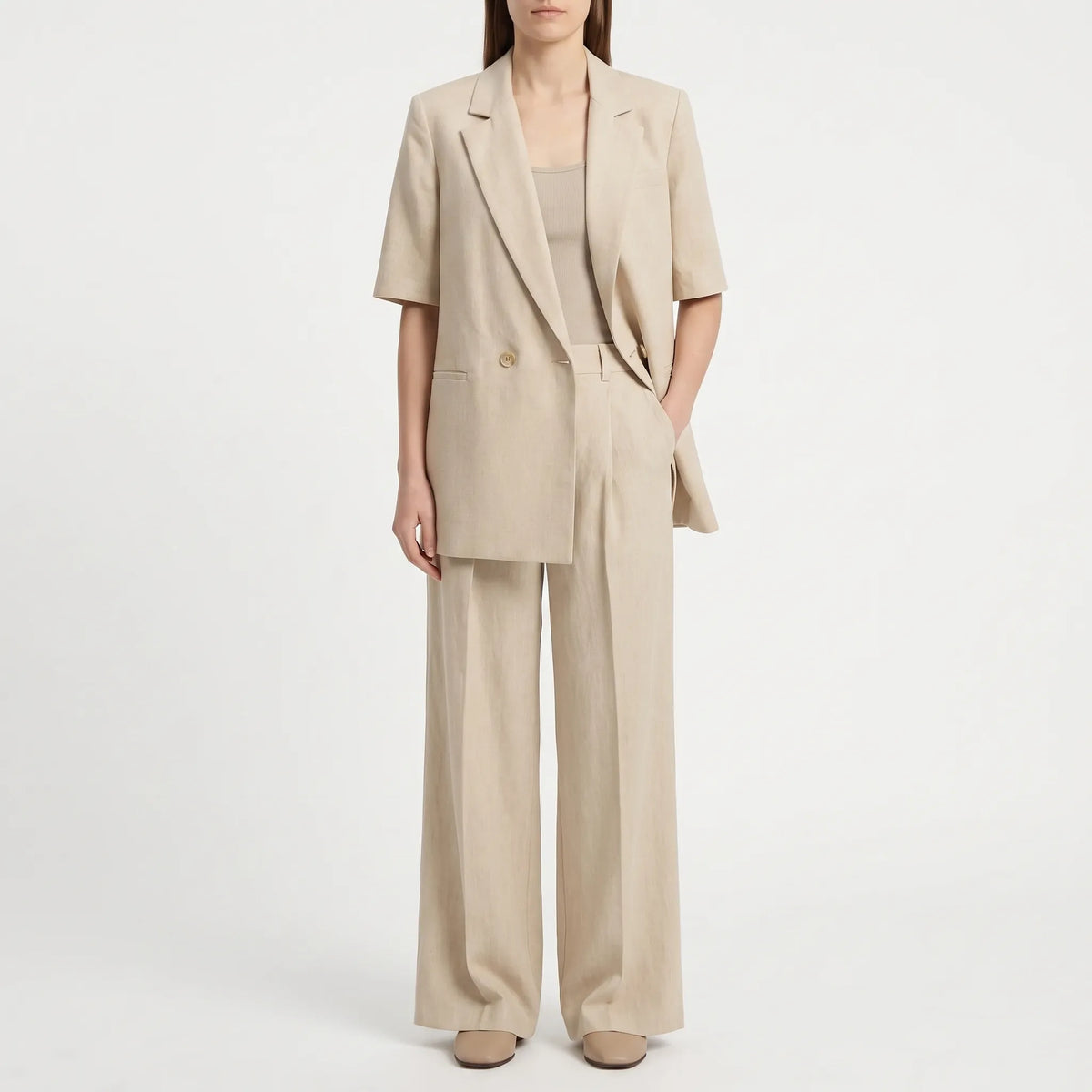 Women 2 Piece Short Sleeve Suit with Wide Leg Pants