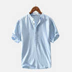 Men's linen shirt casual breathable soft, available in light blue, dark blue, gray and white