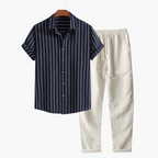 Men's linen shirt and pants set, breathable summer two-piece outfit in navy, white and black