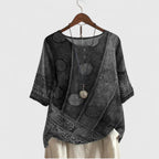 Women boho patchwork print top relaxed fit with decorative buttons
