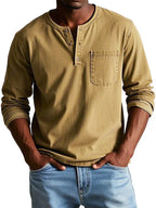 Men's long sleeve henley shirt, casual relaxed fit, available in multiple colors