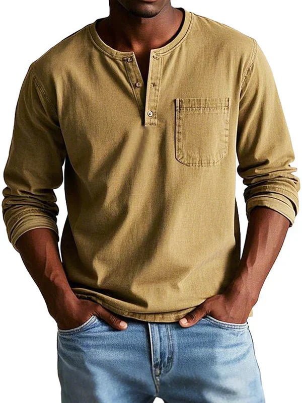 Men's long sleeve henley shirt, casual relaxed fit, available in multiple colors