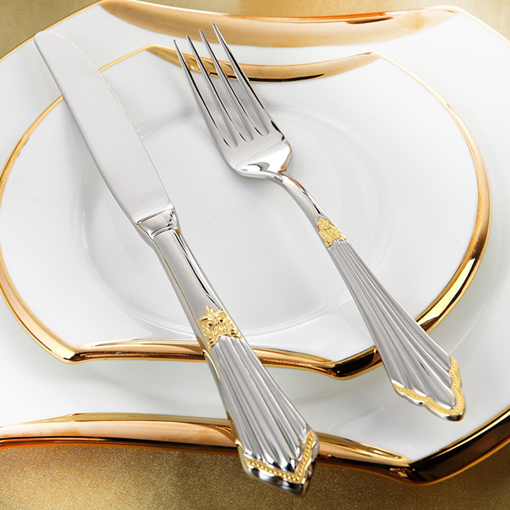 Gold finish stainless steel cutlery set, 24 or 48 piece with engraved pattern
