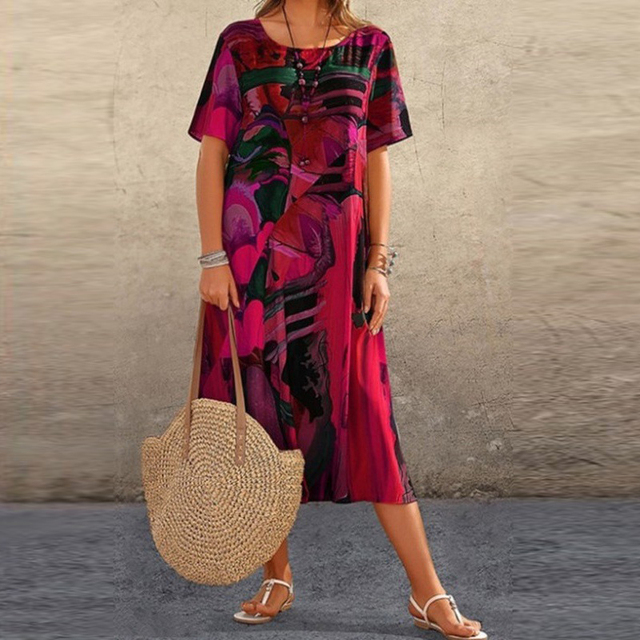 Women's short sleeve midi dress, loose fit mid-calf length casual summer dress