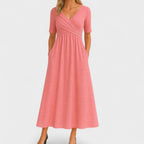 Women's midi dress with surplice V-neckline, elbow sleeves and side pockets