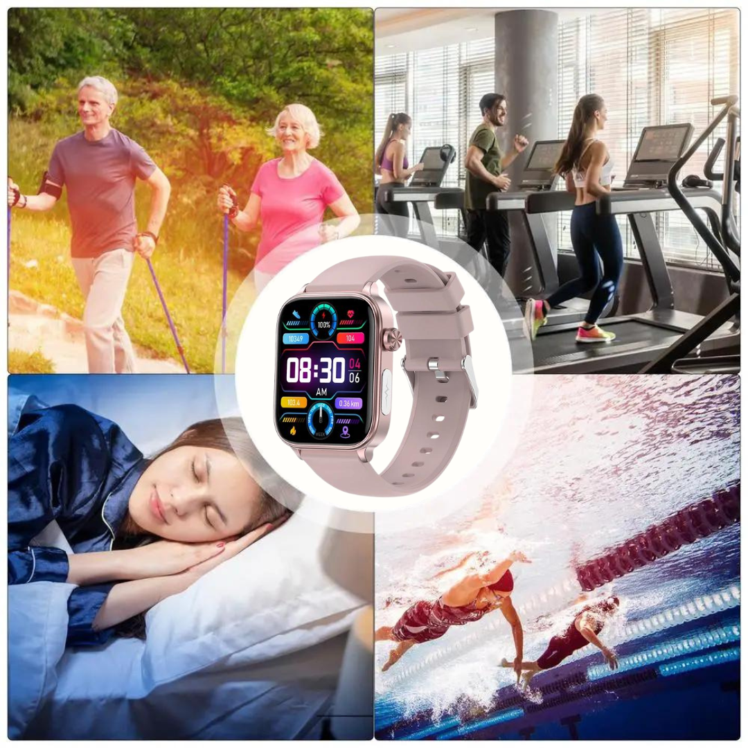 Smartwatch blood glucose heart rate health monitor in black white and pink