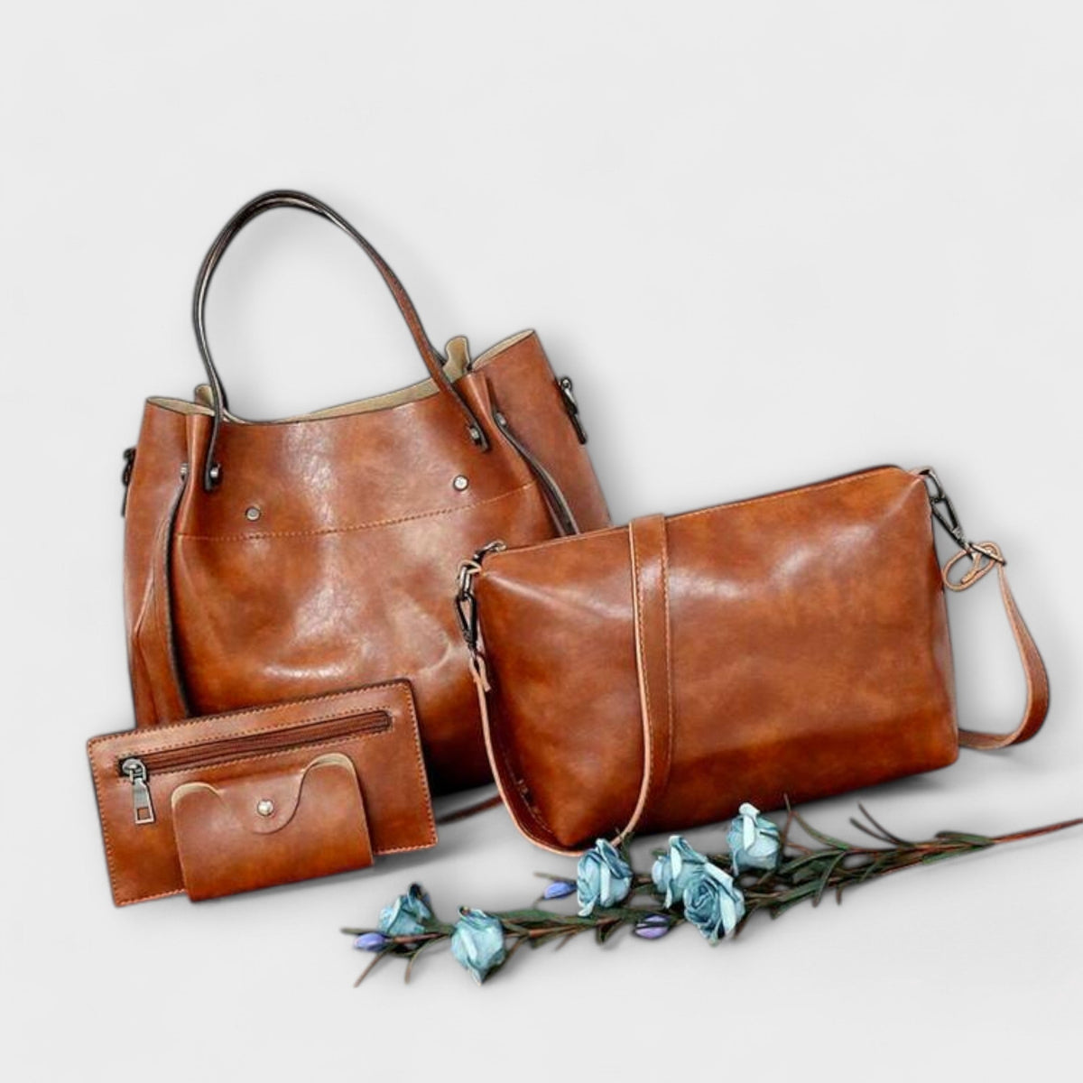 Women 4 piece vintage bag set in brown black red and gray