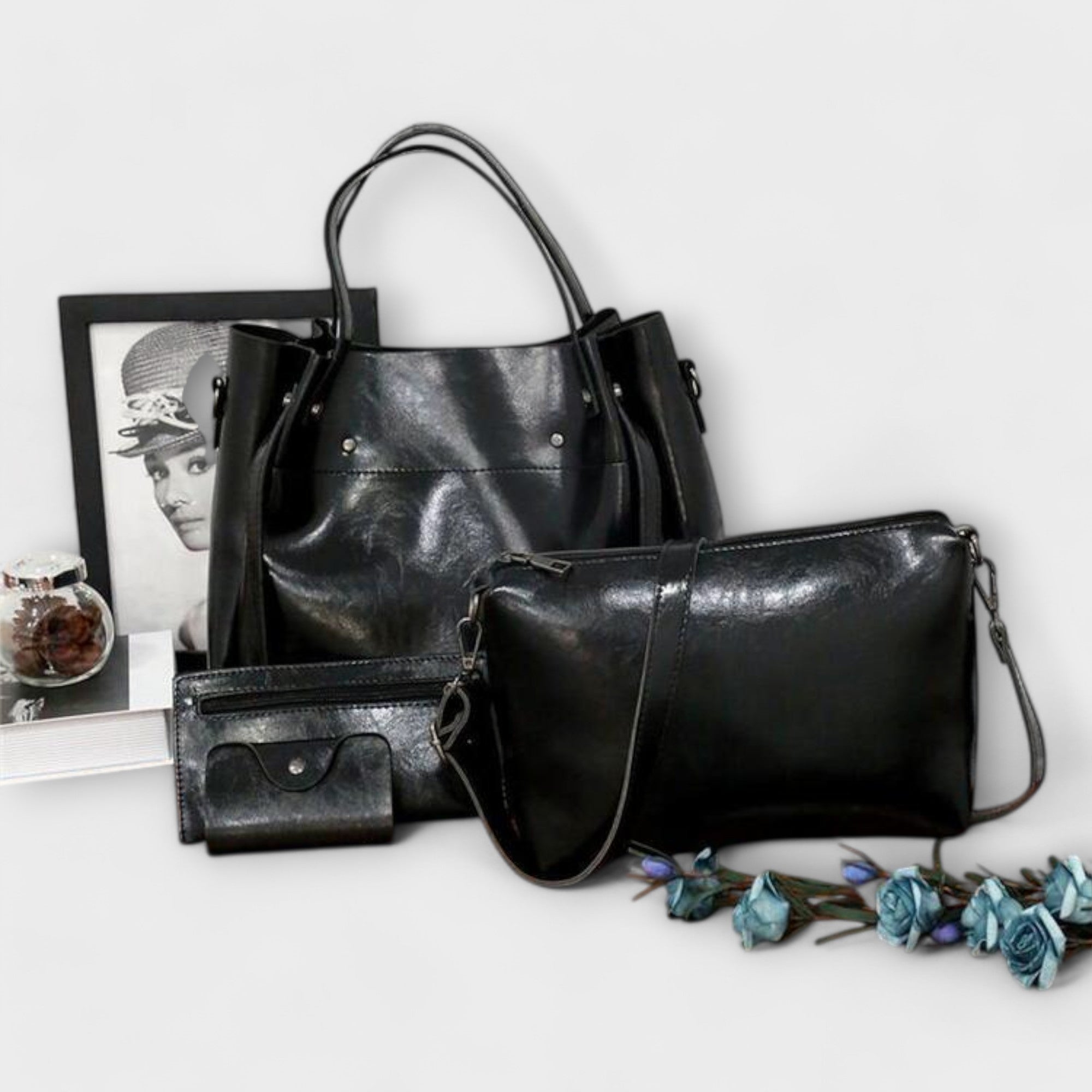 Women 4 piece vintage bag set in brown black red and gray