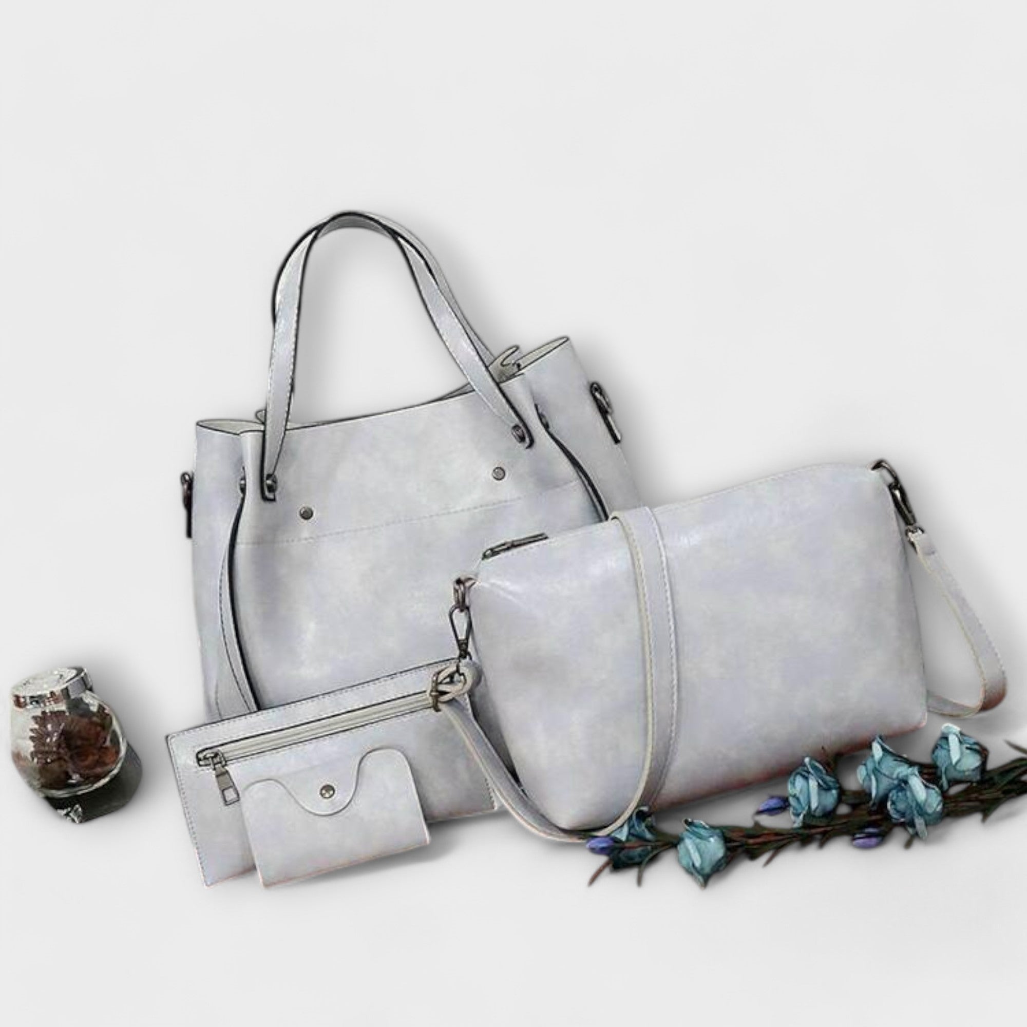 Women 4 piece vintage bag set in brown black red and gray