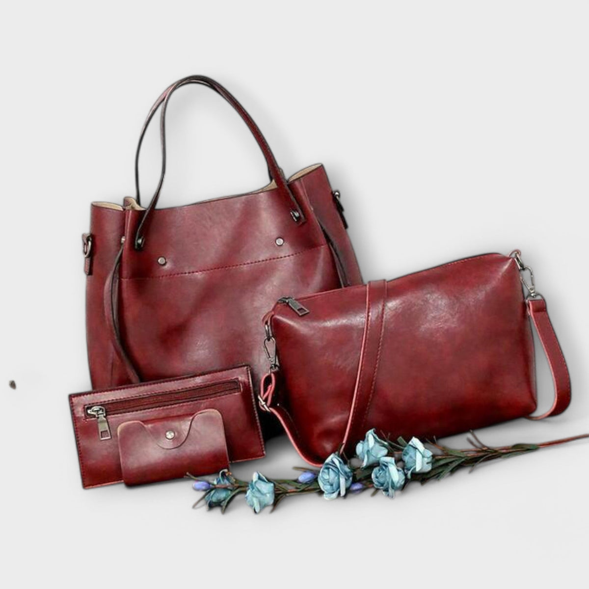 Women 4 piece vintage bag set in brown black red and gray