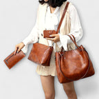 Women 4 piece vintage bag set in brown black red and gray
