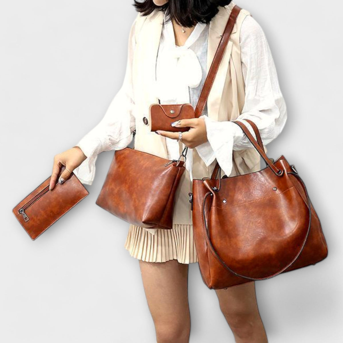 Women 4 piece vintage bag set in brown black red and gray