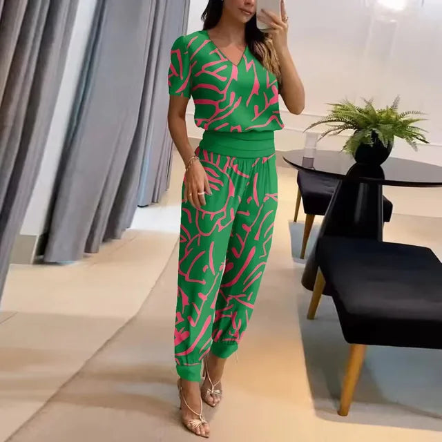 Women 2 Piece Floral Top and Pants Set breathable casual matching outfit